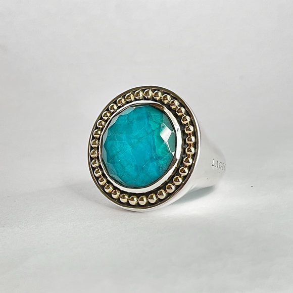 LAGOS 18K Gold & Sterling Silver Treasure Chest Chrysocolla Ring Size 7 - Picture 2 of 4